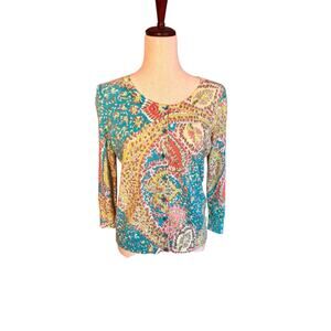 Talbots Cardigan Sweater Size Medium Paisley Floral Knit Green Blue Pink